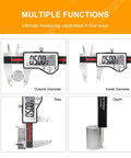 8 Inch Digital Caliper With Waterproof Stainless Steel Body showing outside, inside, step, and depth measurements on LCD screen