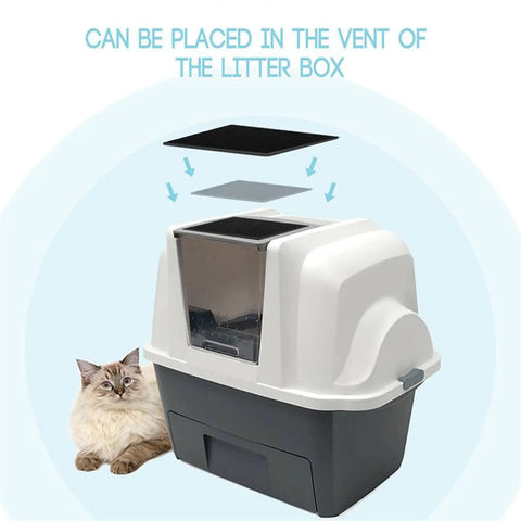 Extra Thick 3/8 Inch 16x50 Activated Carbon Filter Sheet With MERV 7 for litter box odor slayer beside a cat and litter box