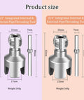 All In One Pipe Threading Tool Kit For One Half And Three Quarter Inch PVC Water Pipes Internal And External Threading Opens Threads Fast Pro Grade Universal Compatibility With PPR MPP Piping Fits Electric Drill 2025 Model showing 1/2 and 3/4 inch tools with dimensions