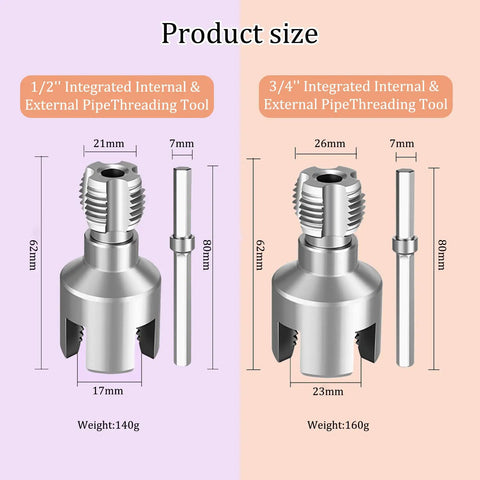 All In One Pipe Threading Tool Kit For One Half And Three Quarter Inch PVC Water Pipes Internal And External Threading Opens Threads Fast Pro Grade Universal Compatibility With PPR MPP Piping Fits Electric Drill 2025 Model showing 1/2 and 3/4 inch tools with dimensions