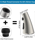 G 1/2 Male Thread Connector for 60% Kitchen Faucet with measurements, brushed nickel sprayer for easy faucet replacement.