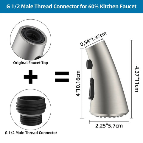 G 1/2 Male Thread Connector for 60% Kitchen Faucet with measurements, brushed nickel sprayer for easy faucet replacement.