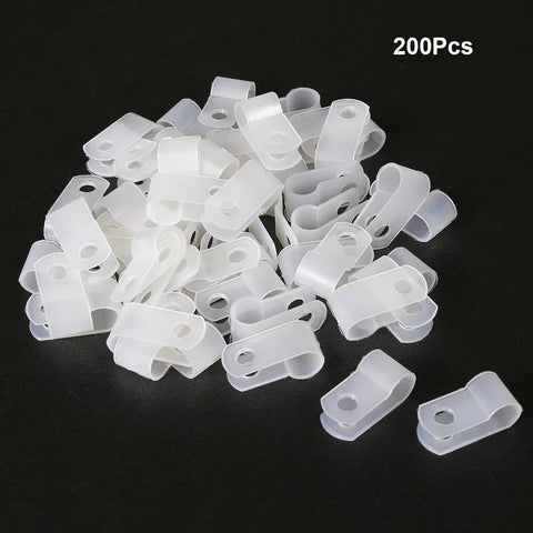White Nylon R Type Cable Clamps One Quarter Inch 200 Piece Cable Organizer Kit for Wire Management shown on black background.