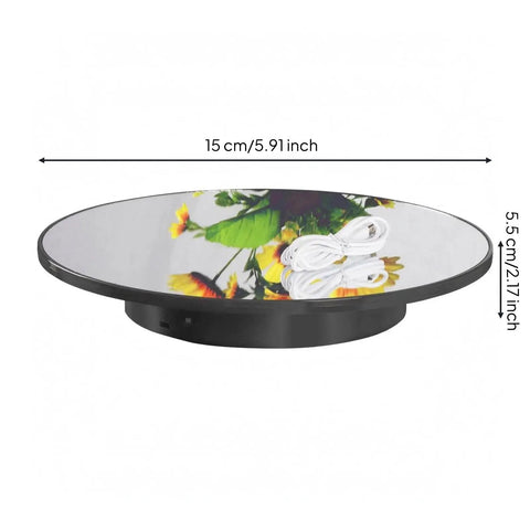 Must Have Electric 360 Degree Rotating Display Stand With Mirror Top For Jewelry Accessories, 15 cm diameter, black base.