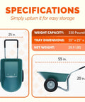 Specifications of Two Wheel Wheelbarrow Yard Cart With Padded Handlebar And 14 Inch Pneumatic Tires, front and side dimensions shown