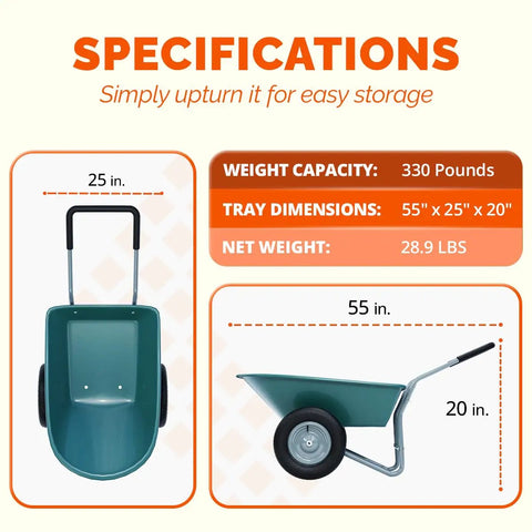 Specifications of Two Wheel Wheelbarrow Yard Cart With Padded Handlebar And 14 Inch Pneumatic Tires, front and side dimensions shown