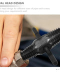 Super Tough Dual-Head Screw Extractor Kit For Stripped Bolts And Water Pipe Fixes. Easy-To-Use Bolt Remover Tool That Slams In Fast To Save Your Back And Time On Any Heavy Industry Or Home DIY Job Without Needing A Pro Plumber. dual-head extractor on damaged pipe thread