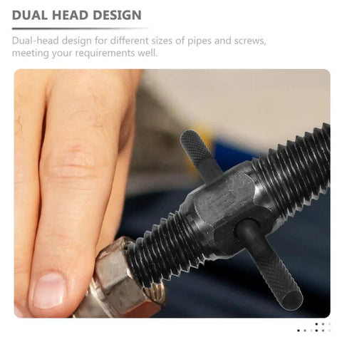 Super Tough Dual-Head Screw Extractor Kit For Stripped Bolts And Water Pipe Fixes. Easy-To-Use Bolt Remover Tool That Slams In Fast To Save Your Back And Time On Any Heavy Industry Or Home DIY Job Without Needing A Pro Plumber. dual-head extractor on damaged pipe thread