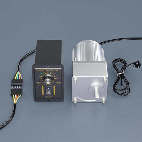 25W 110V AC Variable Speed Gear Reducer Motor With Gearbox And Speed Controller Reversible Single Phase High Torque 8.5 Lb In 180 RPM Output 1 To 7.5 Reduction Ratio Compact Small Gear Reduction Motor For DIY Projects Pro Grade with speed controller and wires visible on a gray surface