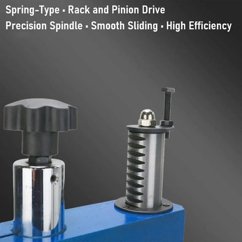 Close-up of spring-type rack and pinion drive on Boss Grade Manual Arbor Press Built Rock Solid For Shop Floors Providing Three Sixty Degree Rotatable Head.
