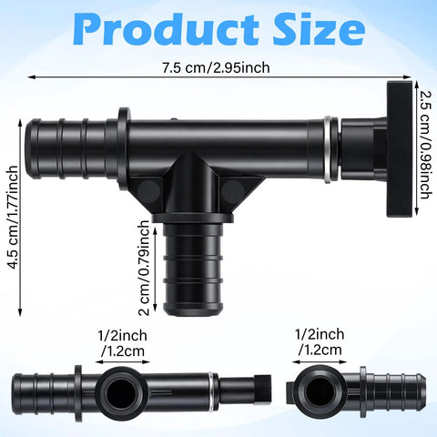 Dimensions of 2 Pack Half Inch PEX RV Low Point Drain Valve 90 Degree Space Saving Water Line Fitting Durable Plastic Pipe Connector.