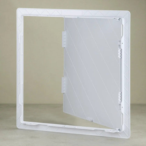Crush Proof 12X12 Inch Abs Plastic Drywall Access Panel showcasing white design and hinge for access to plumbing, HVAC, and wiring.