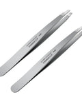 Professional Stainless Steel Slant Tweezers Set 2 Pack Precision Eyebrow Tweezers for Facial Hair Ingrown Hair and Blackhead Removal, silver angled tips