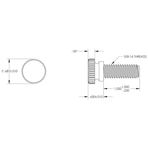 Technical drawing of Black Nylon Thumb Screws 3/8-16 Thread 1 Inch Long Pack Of 10 Durable Quick-Grab Fasteners