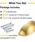 Brushed Gold Cup Drawer Pulls 3 Inch 76mm Set of 10 Durable Metal Cabinet Handles with detailed package contents and screw sizes.