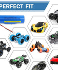 Beefy 5000mAh 3.7V Li Ion RC Battery With JST XH 2P Plug alongside various RC cars and trucks, showcasing compatibility