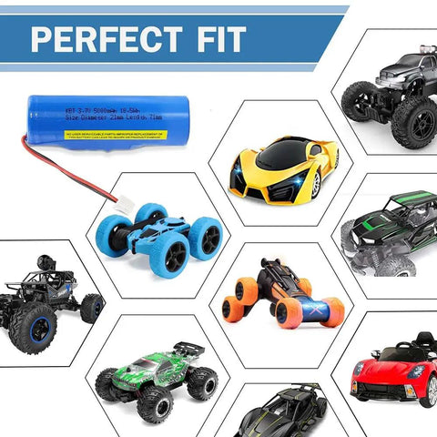 Beefy 5000mAh 3.7V Li Ion RC Battery With JST XH 2P Plug alongside various RC cars and trucks, showcasing compatibility