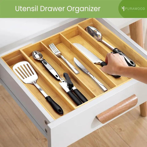 Expandable Bamboo Kitchen Drawer Organizer For Utensils And Flatware, 3 To 5 Slots, in a drawer showing cutlery organization
