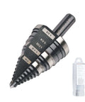 Side view of Jerax step drill bit, 1/4 to 1-3/8 in, straight grooved, double-fluted, M2 HSS