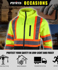 Hi Vis Safety Fleece Zip Hoodie for Men With Reflective Trim ANSI Class 3 Workwear Detachable Hood Yellow XL displayed on job site