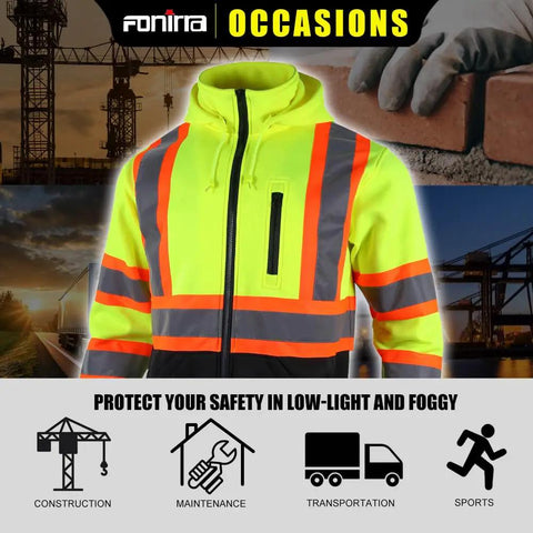 Hi Vis Safety Fleece Zip Hoodie for Men With Reflective Trim ANSI Class 3 Workwear Detachable Hood Yellow XL displayed on job site