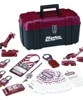 Pro Grade Lockout Tagout Group Kit For Electrical Lockouts With Ultra Durable Carrying Case OSHA Compliant Safety System Includes Padlocks Hasps Devices And Easy On The Job Organization For Industrial Teams kit displayed with padlocks, tags, and tools.