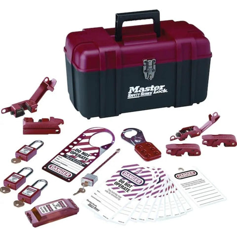 Pro Grade Lockout Tagout Group Kit For Electrical Lockouts With Ultra Durable Carrying Case OSHA Compliant Safety System Includes Padlocks Hasps Devices And Easy On The Job Organization For Industrial Teams kit displayed with padlocks, tags, and tools.