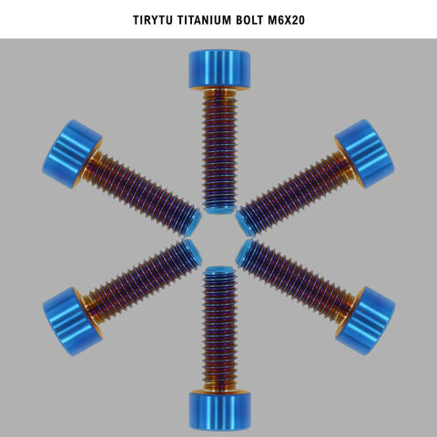 Straight Up Heavy Duty M6x20 Titanium Bolts Sick Burnt Blue Finish Solid Six Pack Set For Top Shelf Bicycle And Motorcycle Weight Saving Upgrades That Deliver Beast Mode Performance Every Single Ride arranged in circular formation.