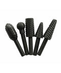 Five Piece Rotary Burr Set For Woodworking Metal Carving And Polishing With One Quarter Inch Shank arranged on white background.