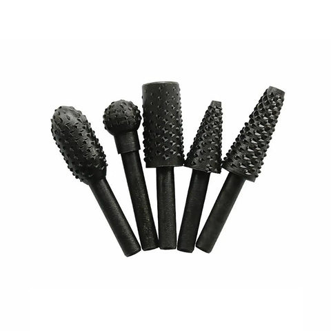 Five Piece Rotary Burr Set For Woodworking Metal Carving And Polishing With One Quarter Inch Shank arranged on white background.
