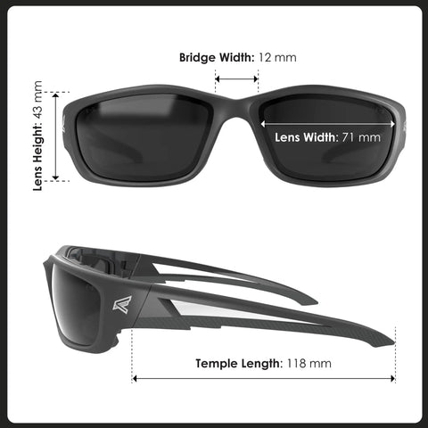 Kazbek XL Wraparound Safety Glasses With Anti Scratch Non Slip Grip UV 400 Protection Military Grade Tough ANSI ISEA MCEPS Compliant XL Wide Fit Black Frame With Clear Lenses For Work And Everyday Use, dimensions shown.