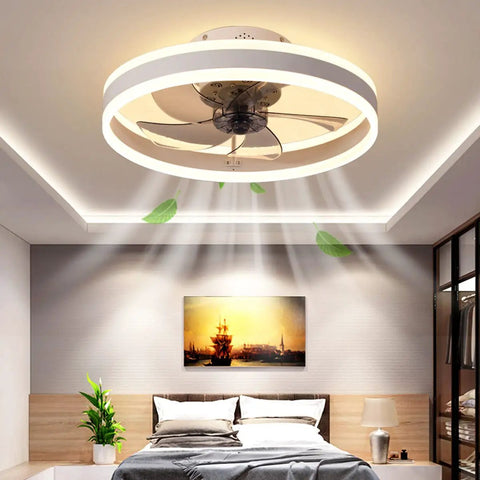 20 Inch Smart Ceiling Fan With Remote And App Control And Light No Fuss Modern Flush Mount Bladeless Ceiling Fan With 3 Color Modes And 6 Speeds Low Profile Ceiling Lighting Fan For Bedroom Living Room Kitchen White in a modern bedroom setting