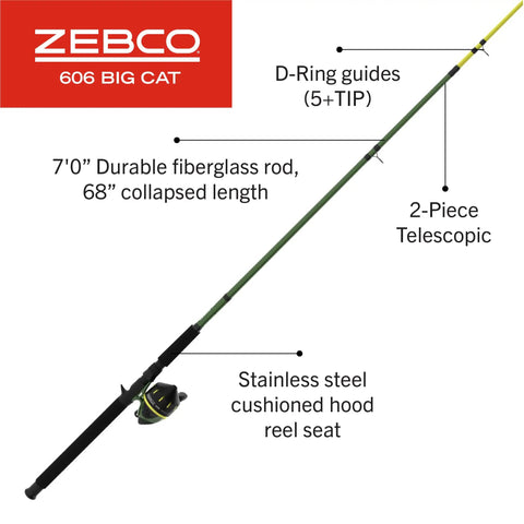 Big Cat Spincast Gear 7 Foot Two Piece Telescopic Rod With Medium Heavy Power Size 60 Reel for freshwater catfishing.