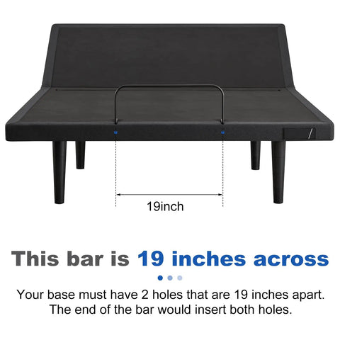 Heavy Duty 19 Inch Mattress Retainer Bar Compatible With Tempur Pedic Ergo Adjustable Base shown on bed frame with 19-inch measurements.