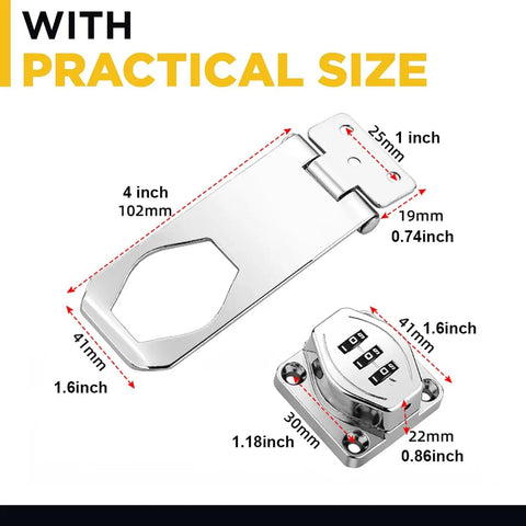 Keyless Combination Lock 2 Pack Sliding Door Latch For Cabinets Barn Doors Bathrooms Outdoor And Garage Silver Password Rotary Hasp Locks With Easy Numeric Passcode Access No Key Hassle, showing latch dimensions in inches and mm