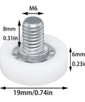 Close-up of 19mm POM nylon drawer roller wheel with M6 screw, part of the 8 Pack 19Mm Drawer Rollers With Nuts Smooth Gliding Replacement Pulleys For Cabinets Sliding Doors And Furniture Heavy Duty Pom Nylon Wheels Silent Ride Hassle Free Install.