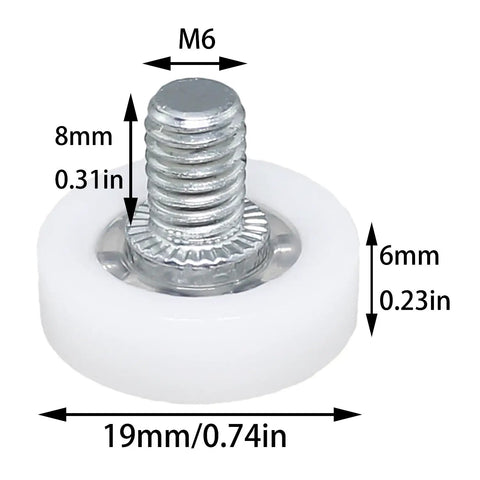 Close-up of 19mm POM nylon drawer roller wheel with M6 screw, part of the 8 Pack 19Mm Drawer Rollers With Nuts Smooth Gliding Replacement Pulleys For Cabinets Sliding Doors And Furniture Heavy Duty Pom Nylon Wheels Silent Ride Hassle Free Install.