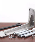 Heavy Duty Stainless Steel Countertop Brackets Built Tough As Nails For Wall Mount Floating L Shape Shelving With Brushed Silver Finish And Quick Install Hardware for DIY upgrades, with bolts, screws, and wrench.