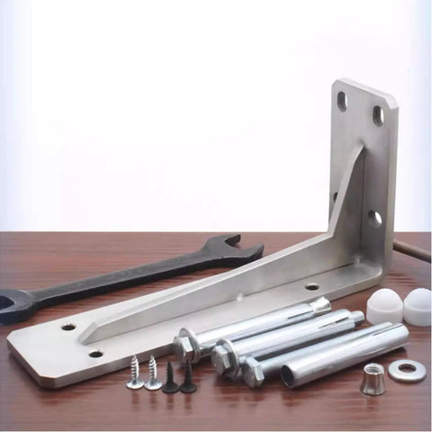 Heavy Duty Stainless Steel Countertop Brackets Built Tough As Nails For Wall Mount Floating L Shape Shelving With Brushed Silver Finish And Quick Install Hardware for DIY upgrades, with bolts, screws, and wrench.
