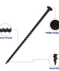 Pro Grade Eight X Four Inch Black Drywall Screws Built Solid With Coarse Threads And Phillips Bugle Heads For Smooth Self Tapping On Wood Studs Featuring Top Shelf Rust Resistant Carbon Steel 100 Piece Pack close up of coarse threads and sharp point