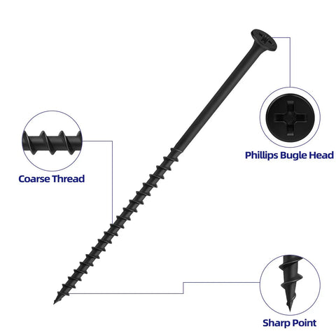 Pro Grade Eight X Four Inch Black Drywall Screws Built Solid With Coarse Threads And Phillips Bugle Heads For Smooth Self Tapping On Wood Studs Featuring Top Shelf Rust Resistant Carbon Steel 100 Piece Pack close up of coarse threads and sharp point