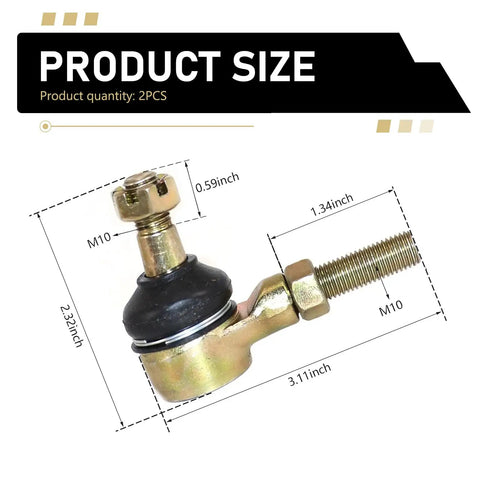 Diagram of 2 Pack M10xM10 ATV Tie Rod Ends Kit With Beefy Heavy-Duty Left And Right Hand Threads dimensions, gold finish