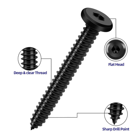 50-Piece M5 X 30mm Black Self-Tapping Screws, 304 Stainless Steel Flat Head Hex Socket Cap Screws With Drive Bit, showing details
