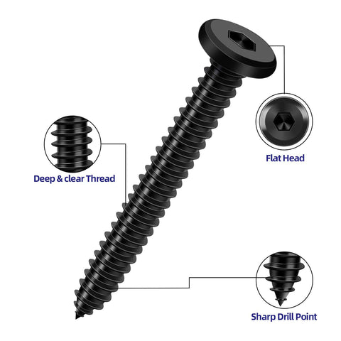 M4 x 12mm Black Self Tapping Screws 304 Stainless Steel Flat Head Hex Socket Cap Screws With Drive Bit, showing features and threads.