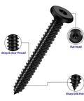 100 Piece M3 10mm Black Self Tapping Screws In 304 Stainless Steel Flat Head Hex Socket Cap Screws With Drive Bit For Wood And Thin Metal Projects Great For DIY Projects And Professional Woodworking, close-up view showing screw features