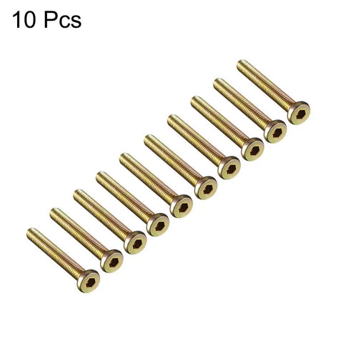 10 pack of M6x45mm Furniture Bolt Hex Socket Round Head Zinc Plated for Cabinets and Woodwork, bronze-tone finish, arranged in a row