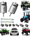 Dual 24V RS555 35000RPM electric motor drive engines with gear accessories for ride on cars, shown with toy car examples and gears.