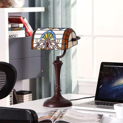Baroque Tiffany Style Stained Glass Banker Table Lamp With 10 Inch Lampshade And 17 Inch Tall Body, Cool Retro Vibe Reading Light