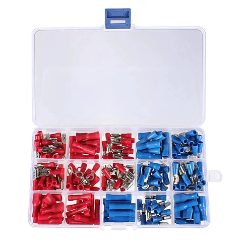 Grab This Awesome 200 Pcs Red And Blue Insulated Spade Ring Terminal Kit With Crimp Connectors For All Your Electric Wire Projects Today. 200-piece red and blue insulated crimp terminal kit in plastic organizer