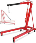 Badass 2 Ton Hydraulic Engine Hoist 4000 Lb Capacity Folding Cherry Picker Workhorse Built from Heavy Duty Steel with Smooth Lifting Action Adjustable Boom in red color.